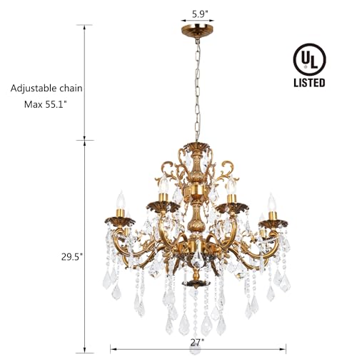 Crystal Chandelier Antique Gold Chandelier Candle Style for Dining Room 27"