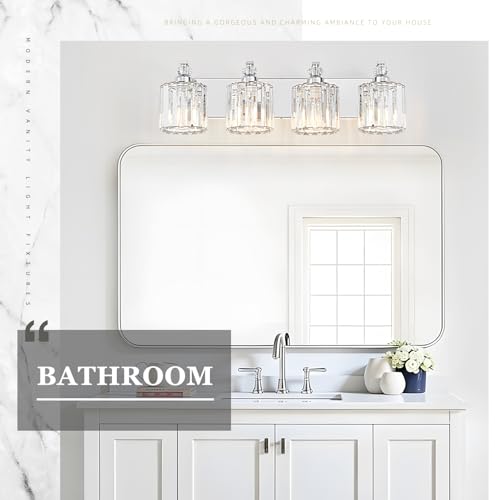 4 Light Modern Bathroom Light Fixture Chrome Vanity Lights Over Mirror Wall Sconce Lighting with K9 Crystal Shades Bathroom Wall Lamp E26 Base for Bedroom