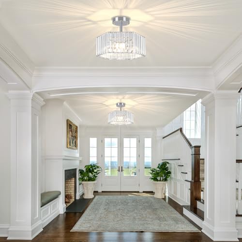 Chrome Crystal Semi Flush Ceiling Light Modern Entryway Light Fixture