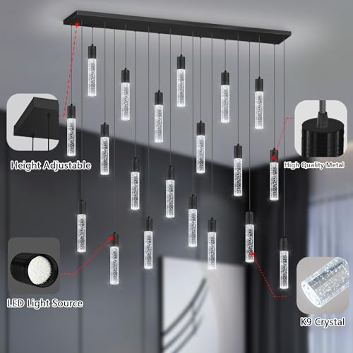 20 Lights Modern Crystal Rectangular Chandeliers LED Pendant Light for Kitchen Island High Ceiling Chandelier for Dining Room Entrance Foyer Living Room Black