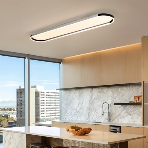 Modern LED Ceiling Light Dimmable Linear Ceiling Light 39.4in Semi Flush Mount Long Lights with Remote Control and Down Lighting for Living Room Kitchen Dining Room Black & Silver