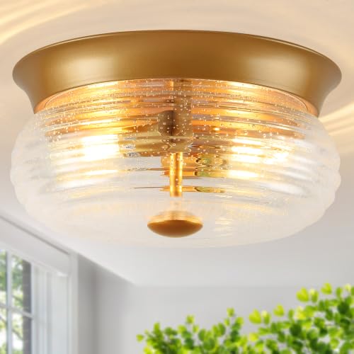 Gold Flush Mount Ceiling Light Fixtures (Gold + Clear Air Bubble Glass(No Assembly Required))