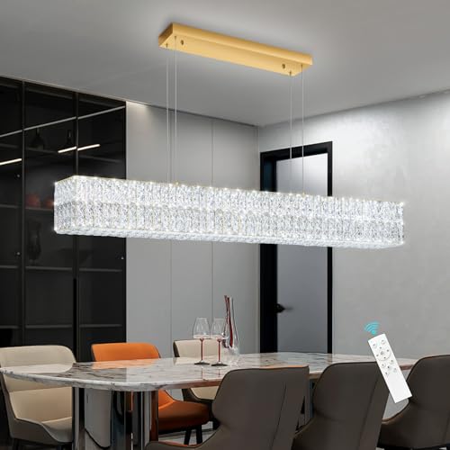 Rectangular Crystal Chandelier with Dimmable LED Lights Dining Room Remote Ceiling Pendants Lighting Fixtures for Kitchen Island Gold