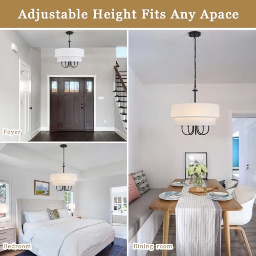 Black Drum Chandelier with White Fabric Shades 18" Farmhouse Chandelier