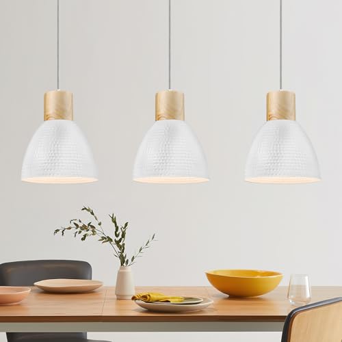 3 Pack White Hammered Pendant Lights for Kitchen Island 7” Small Nordic Solid Wood Hanging Light Fixtures (3 Count)