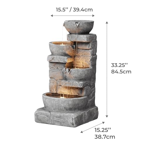 33.25 in. Cascading Bowls and Stacked Stones LED Outdoor Water Fountain for Gardens