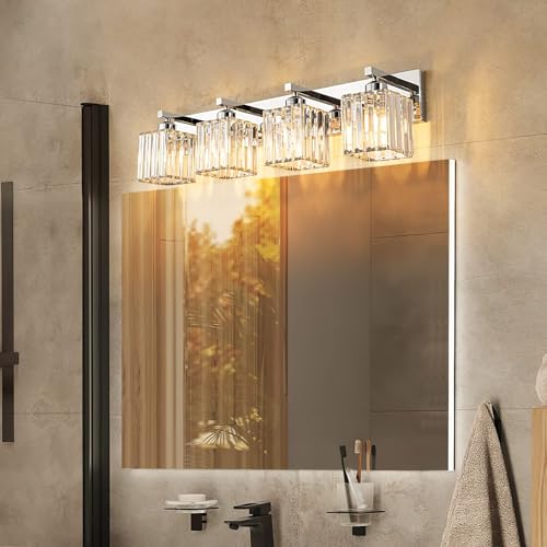 Modern 4 Light Chrome Crystal Bathroom Vanity Light Fixtures