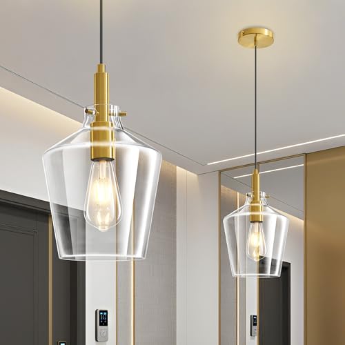 Glass Pendant Lighting for Kitchen Island Entryway 2 Pack Gold Clear 8 Inch (2 Count)