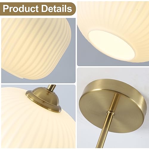 Gold Milk Glass Semi Flush Mount Light Vintage White Ribbed Flush Mount Ceiling Light Small Hallway Globe Ceiling Light Fixtures for Bedroom Entryway