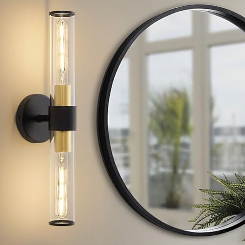 Hardwired Black Gold Vanity Light Clear Glass Wall Sconce