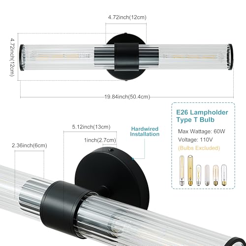 Hardwired Black Bathroom Vanity Light Threaded Glass Wall Sconce