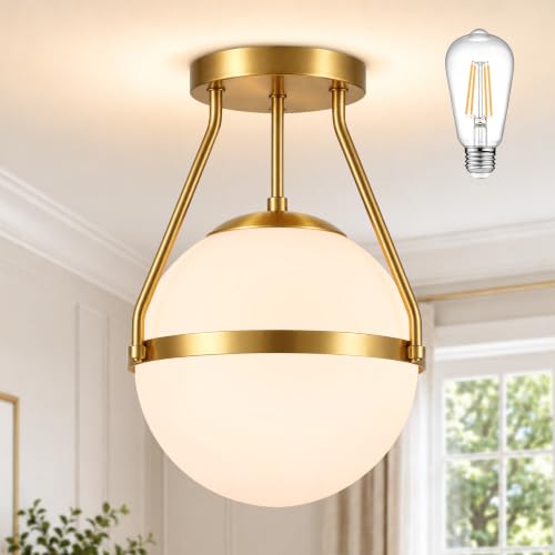 10" Modern Semi Flush Mount Ceiling Light Fixture Mid Century Ceiling Light Globe Ceiling Light Fixture with Milk Glass Shade Brass Finish for Kitchen Island Hallway Living Room