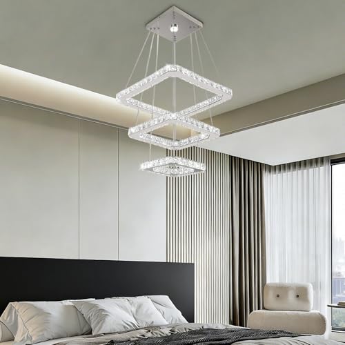 Modern Crystal Chandelier LED Ceiling Light, Square 3-Ring Height Adjustable 47W K9 Crystal Pendant for Dining Room, Living Room, Bedroom, Foyer, Cool White 6000K