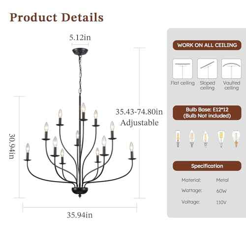 Black Chandelier for Dining Room, 12-Light Large Foyer Chandelier for High Ceilings, 36" Industrial Candle Light Fixtures, Modern Farmhouse Chandeliers for Living Room Staircase Entryway Kitchen