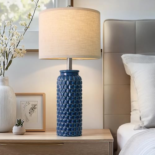 24 inches Modern Ceramic Dark Blue Bedside Lamp Set of 2 for Bedroom Decor Farmhouse Table Lamp for Living Room Office Dorm (2 Count)