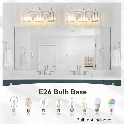 3 Light Modern Bathroom Light Fixture Chrome Bathroom Vanity Lights Over Mirror Wall Sconce Lighting with K9 Crystal Shades E26 Base for Bedroom