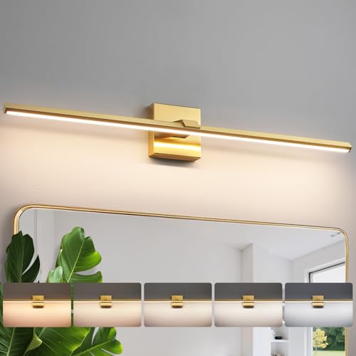Gold Modern Bathroom Vanity Light 32 Inch 24W Dimmable 5CCT LED Bathroom Lighting Fixtures Over Mirror Brushed Gold Bar Vanity Lights for Bathroom Mirror Cabinets Bedroom