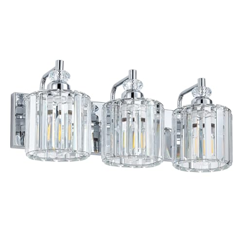 3 Light Modern Bathroom Light Fixture Chrome Bathroom Vanity Lights Over Mirror Wall Sconce Lighting with K9 Crystal Shades E26 Base for Bedroom