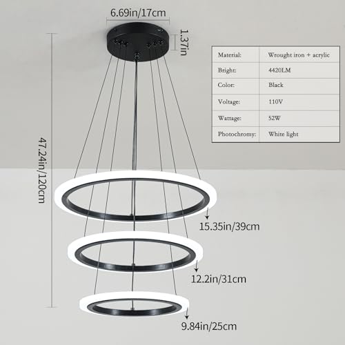 Modern 3 Ring LED 52W Black Pendant Light with Irregular Ring Lights Adjustable Hanging Lamp for Dining Room Bedroom Kitchen Island Cafe