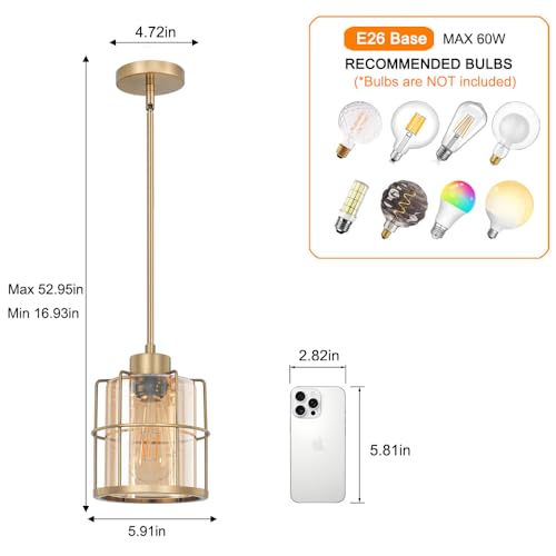 Farmhouse Brass Pendant Light Fixtures with Amber Glass (2 Count)