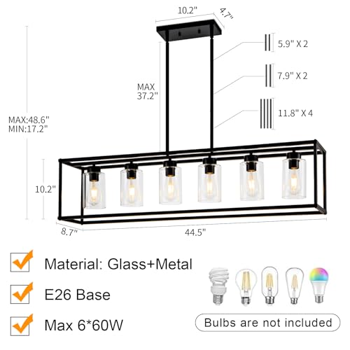 6 Light Dining Room Light Fixture Black Farmhouse Chandelier Kitchen Island Pendant Lighting Rectangle Modern Industrial Living Room Hanging Lights Adjustable Height