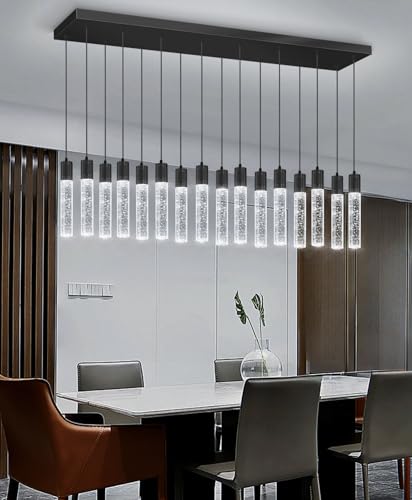 16 Lights Modern Crystal Rectangular Chandeliers LED Pendant Light for Kitchen Island High Ceiling Chandelier for Dining Room Entrance Foyer Living Room Black