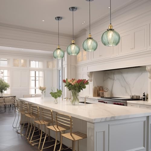 Vintage Green Ribbed Glass Pendant Lights for Kitchen Island 3 Pack (3 inch(es))