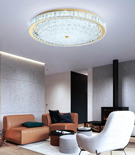 24" Modern Crystal Chandelier Dimmable LED Flush Mount Ceiling Light with Remote Control for Bedroom Hallway Dining Room Gold