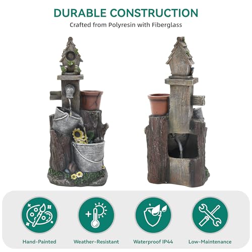 20" 3 Tier Resin Birdhouse Water Fountain with Warm LED Lights