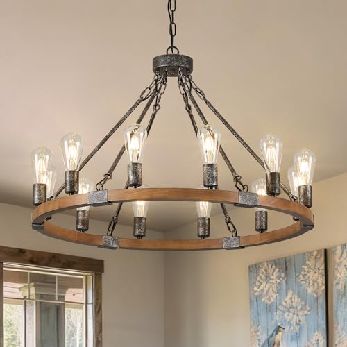 Farmhouse Wagon Wheel Chandelier 31" Oak Wood Chandelier Light Fixture 12