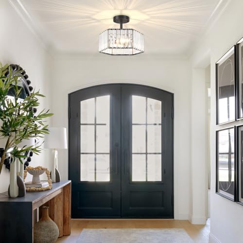 Modern Black Semi Flush Mount Ceiling Light Crystal Entryway Light Fixture
