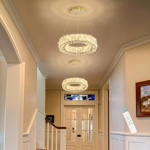 Modern Chandelier for Dining Room Dimmable LED Pendant Lights for Kitchen Island Lighting Gold Ring Crystal Chandeliers for Bedroom Entrance Living Room