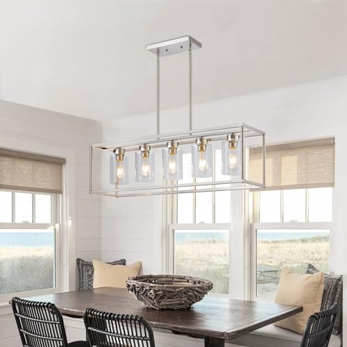 5 Light Dining Room Light Fixture Rectangular Modern Farmhouse Chandelier Brushed Nickel Linear Hanging Pendant Lighting Rectangle for Kitchen Living Room Adjustable Height with Glass Shade