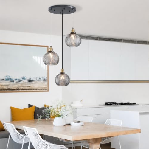 3 Light Modern Smoky Gray Striped Glass Cluster Pendant Light