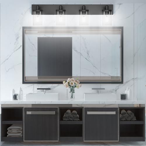 Bathroom Vanity Light Farmhouse 4 Light Matte Black Vanity Lighting Fixtures with Clear Glass Shade