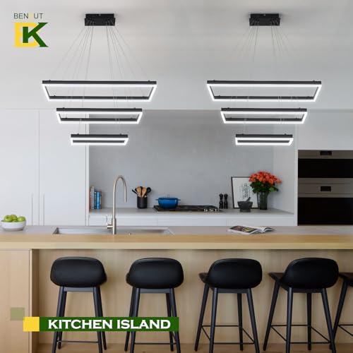3 Rings Modern LED Chandelier Black 31.5inch Rectangle Dimmable LED Pendant Light with Remote Control 3 Tier Flush Mount High Ceiling Light for Dining Living Room Foyer