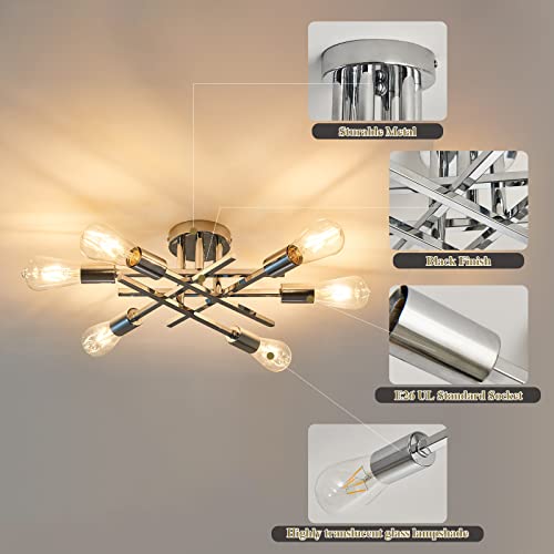 6 Lights Semi Flush Mount Ceiling Light Fixture Modern Chrome Matte Sputnik Chandelier Farmhouse Ceiling Lighting for Kitchen Bedroom Dining Room Living Room