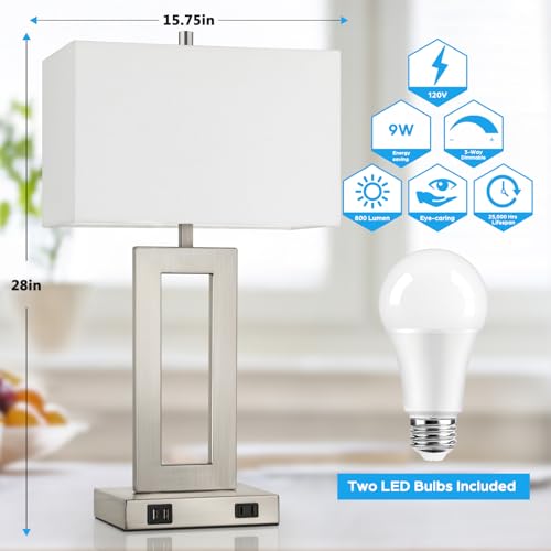 28" Silver Modern Table Lamp Set of 2 with 2 USB Ports&AC Outlet (2 Count)