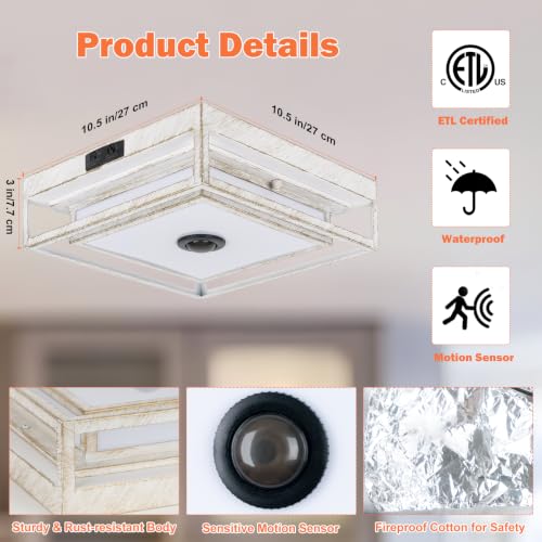 White LED Motion Sensor Outdoor Ceiling Light Square Flush Mount Lights