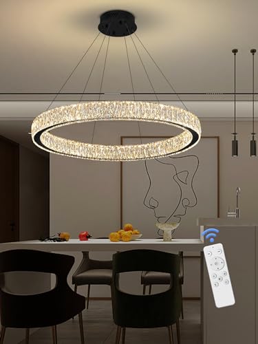 Modern LED Dimmable Crystal Chandelier 31.5" Ring Pendant Light Adjustable Black Round Crystal Chandelier Light Fixtures for Dining Room Living Room