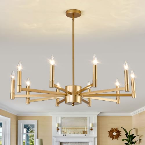 10 Light Gold Candle Chandeliers Modern Farmhouse Ceiling Light Fixture Industrial Lighting for Dining Room Living Room Bedroom Kitchen