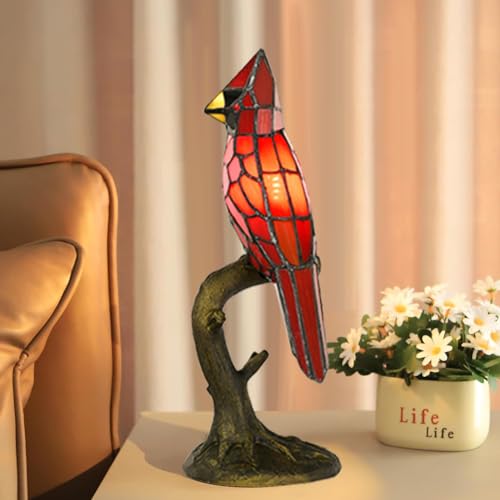 A0011 Cardinal Tiffany Style Table Lamp Handmade Stained Glass Red Bird Lamp in Height 14.5" Overall for Bedside Livingroom Bedroom Home