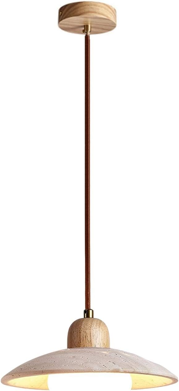 Wabi Sabi Pendant Light Natural Stone Retro Japanese Style Yellow Travertine Pendant Lighting Vintage Wood Hanging Light Fixture Adjustable Height For Bedroom, Kitchen Island, Dining Room