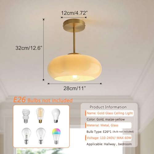 Mid Century Ceiling Light Fixtures Milk Glass Ceiling Lights Round Milk Yellow Shade Gold Brass Semi Flush Mount Ceiling Light Globe Glass Ceiling Lamp for Hallway Dining Room Kitchen