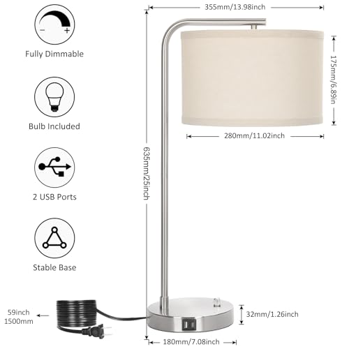 25" Tall Modern Bedside Lamp with USB C+A Ports