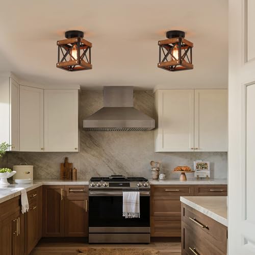 Rustic Farmhouse Wood Flush Mount Ceiling Light Fixture Oak Wood and Metal Square Cage Small Semi Flush Mount Ceiling Light for Kitchen Hallway Entry Bedroom Country Farmhouse