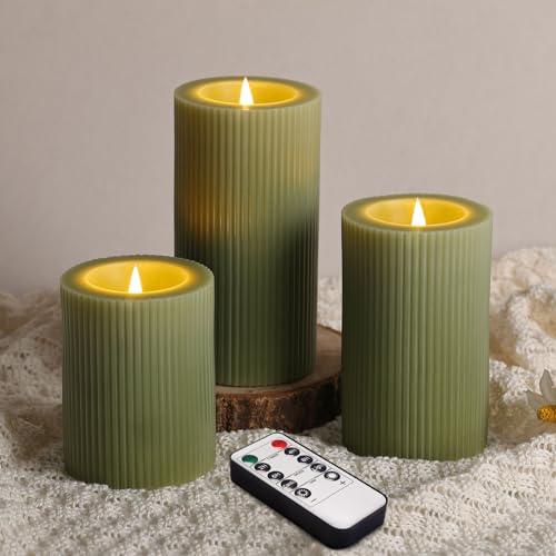 Olive Green Ribbed Moving Flame LED Pillar Candles with Remote (Olive Green)
