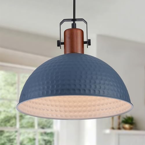 12 Inch Blue Pendant Lights Hammered Matte Pendant Lights for Kitchen Island Industrial Farmhouse Adjustable Height Dome Hanging Light Fixtures for Barn