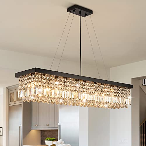 Rectangle K9 Crystal Chandelier Modern Rectangular Pendant Lighting Fixture for Dining Room Kitchen Island Bedroom Black L47'' x W10'' x H10''