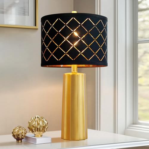 24" Modern Table Lamp for Living Room Bedroom Black Grid Shade